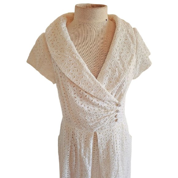 Julian Taylor vintage dress size 12 faux wrap wrap collar eyelet white pockets - Picture 4 of 16